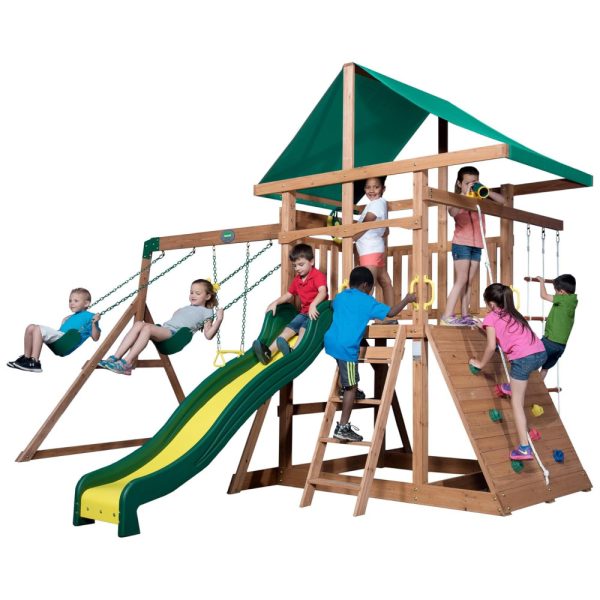 ectqrb1te0m10b_0 jpg - Playground Infantil de Madeira com Parede de Escalada, Escorregador de Ondas, Escalador de Corda e Balanços de Cinto, Backyard Discovery, Colorido