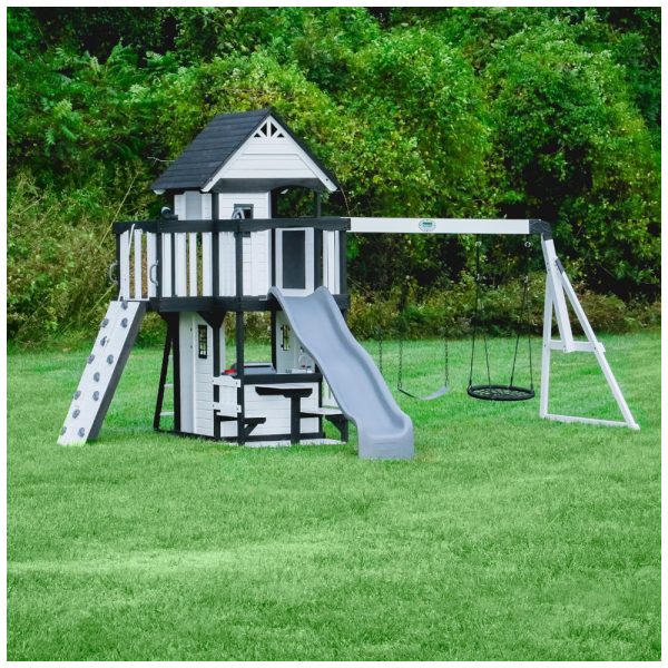 ectqspfydsvc0b_0 jpg - Playground Infantil de Madeira com Parede de Escalada, Escorregador de Ondas, Balança de Teia, Varanda e 2 Balanços de Cinto, Backyard Discovery, Branco