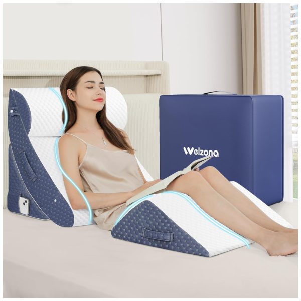 ectqsrwgqh5d0b_0-2 jpg - Conjunto de 4 Peças de Travesseiros Ortopédicos em Cunha para Cama, Pós Cirurgia, Espuma Viscoelástica Gel, Suporte para Corpo, HABUTWAY, Azul e Branco