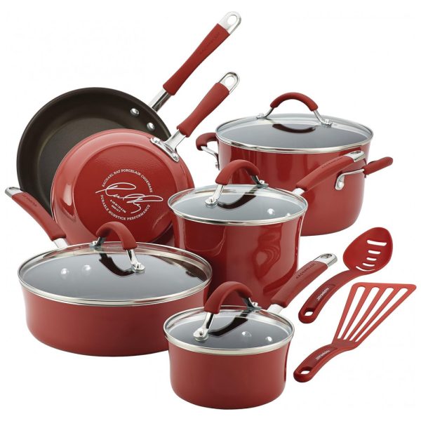 ectqssqnhyj00b_0-5 jpg - Conjunto de Panelas e Frigideiras Antiaderentes em Alumínio com Utensílios, 12 Peças, Rachael Ray, Vermelho Escuro