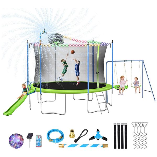 ectqvd79mry90b_0 jpg - Cama Elastica Capacidade até 10 kg com Cesta de Basquete, Balanço, Escorregador, Luz LED e Jato de Água Kids, Lyromix, Verde