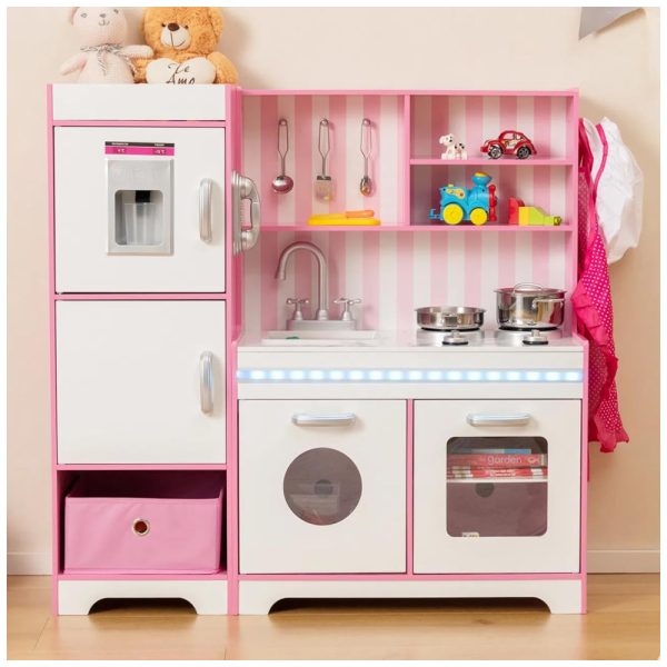 ectqvgdn4slc0b_0 jpg - Cozinha Infantil com Luzes, Caixa de Armazenamento, Máquina de Fazer Gelo, Forno, Fogão e Utensílios de Cozinha, HONEY JOY, Rosa