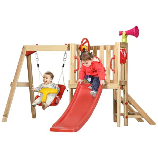 ectqy2dbnssc0b_0 jpg - Playground Infantil de Madeira com Assento de Balanço para Bebês, Roda do Capitão, Buzina e Escorregador para Cranças de 1 a 4 Anos, Outsunny, Vermelho