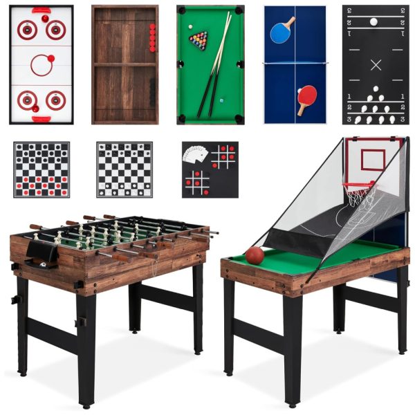 ectqzj32vm4c0b_0 jpg - Mesa de Jogos 13 em 1 para Diversão em Casa com Pingue Pongue, Pebolim, Basquete, Air Hockey, Arco e Flecha, Xadrez, Damas, Shuffleboard e Boliche, Best Choice Products, Marrom Escuro