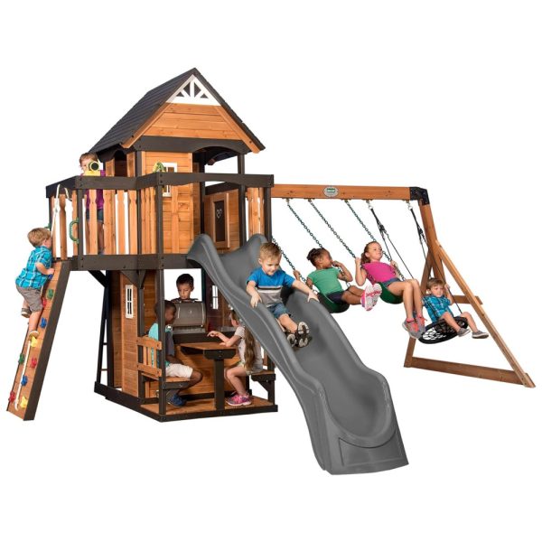 ectq7h5h1ndb0b_0 jpg - Playground Infantil de Madeira, Estilo Casa de Jogos com Parede de Escalada, Escorregador de Ondas, Balanços e Varanda, Backyard Discovery, Cinza