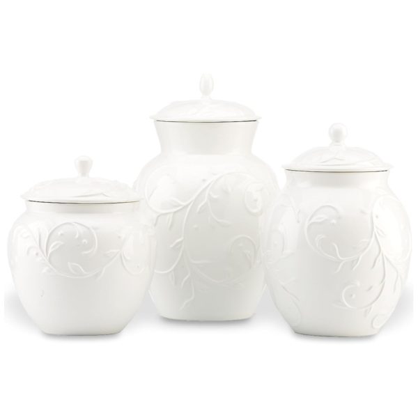 ectqebo1ih500b_0 jpg - Conjunto de 3 Potes em Porcelana Esculpidas, Lenox Opal Innocence, Branco