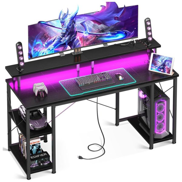ectqpjgdydxc0b_0 jpg - Mesa Gamer 55 138 cm com Superfície de Fibra de Carbono, Luz LED, Tomadas, Prateleiras de Armazenamento e Suporte para Monitor, 110V, ODK, Preto