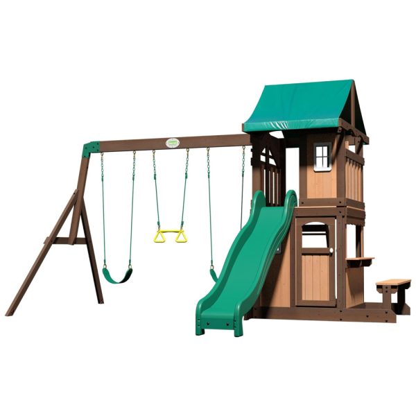 ectqplz987180b_0 jpg - Balanços Backyard Discovery Lakewood em Madeira Cedro, Deck Superior Coberto com Janela Branca, Escorregador com Trilhos, Forte Inferior e Escada.