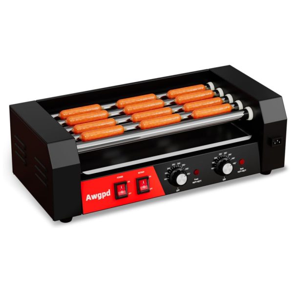 ectqtwlwqsmd0b_0 jpg - Máquina de Salsicha e Hot Dog Awgpd Grill, 5 rolos, capacidade para 12 hot dogs, 750W, controle de temperatura duplo, bandeja coletora removível