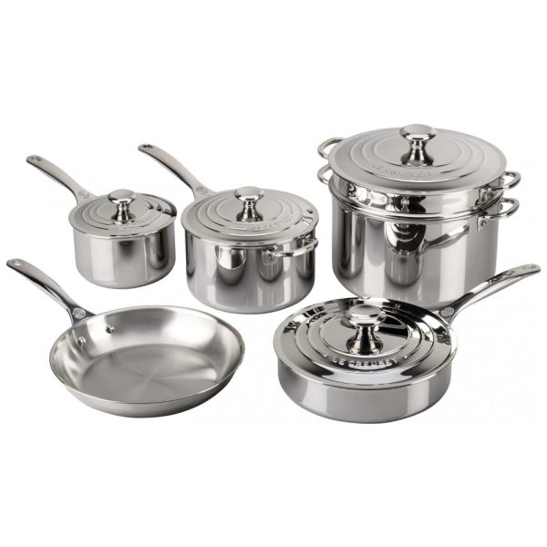 ectq23foe9i00b_0 jpg - Conjunto de Panelas e Frigideira em Aço Inoxidável, 10 Peças, LE CREUSET SSP14110, Prateado