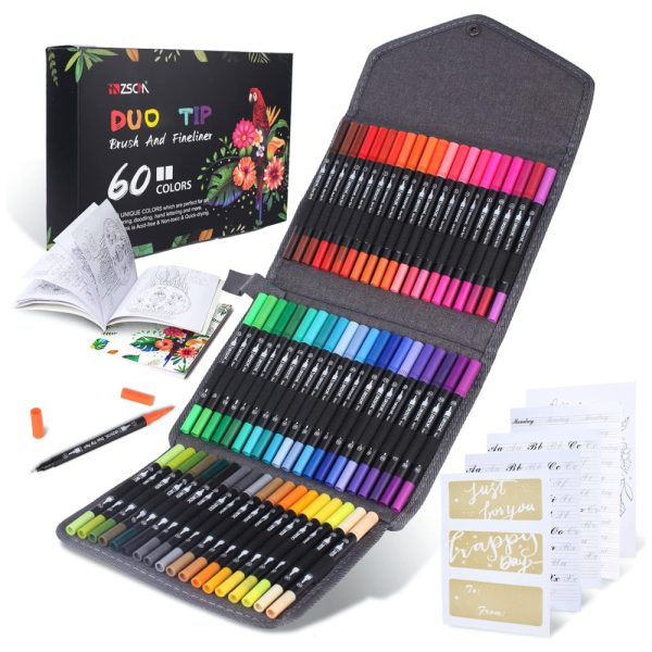 ectq8w52jhz80b_0 jpg - Conjunto de Canetas Artisticas 60 Cores com Ponta de Pincel Fino e Livro para Colorir, ZSCM