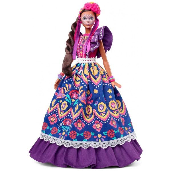 ectqcwy9cln90b_0 jpg - Día De Muertos com Vestido Tradicional de Babados, Coroa de Flores e Pintura Colorida, BARBIE HBY09, Violeta