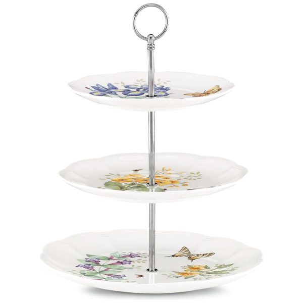 ectqoxm1ih500b_0 jpg - Bandeja de Servir em Porcelana, 3 Andares, Lenox Butterfly Meadow, Branco