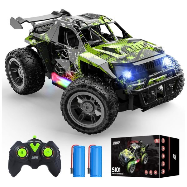 ectqpzd2tmpd0b_0-1 jpg - Mini Caminhão de Controle Remoto DEERC com Luzes de LED, Brinquedo Monster Truck 1 18 2.4Ghz para Meninos, 2 Baterias e Modo Turbo