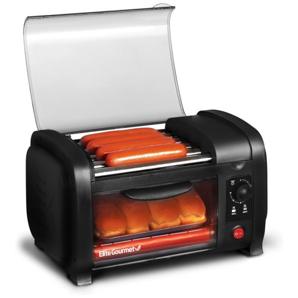 ectqxmkhwyh70b_0 jpg - Forno de torradeira de cachorro quente, temporizador de 30 minutos, rolos de calor de aço inoxidável para assar e bandeja de migalhas, beisebol da World Series, capacidade para 4 pães, preto, ELITE GOURMET EHD 051B, Preto