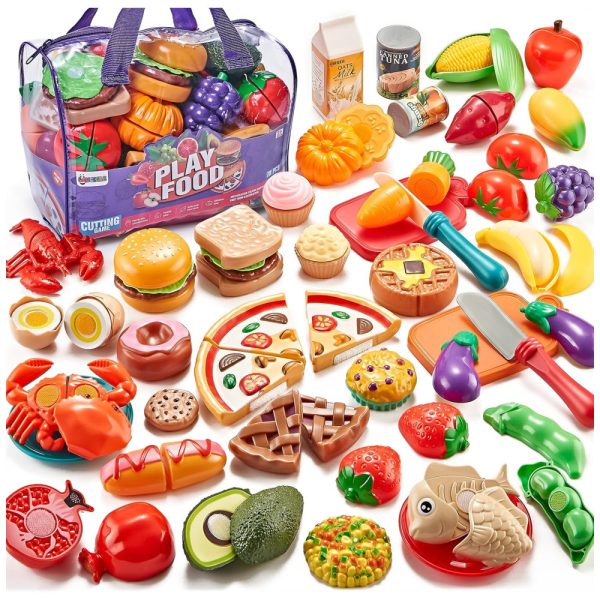 ectq2d3ghl6c0b_0 jpg - Comida de Brinquedo 78 Peças Com Sacola Kit Cozinha Infantil Com Frutas, Legumes E Pizza.Laugigle.