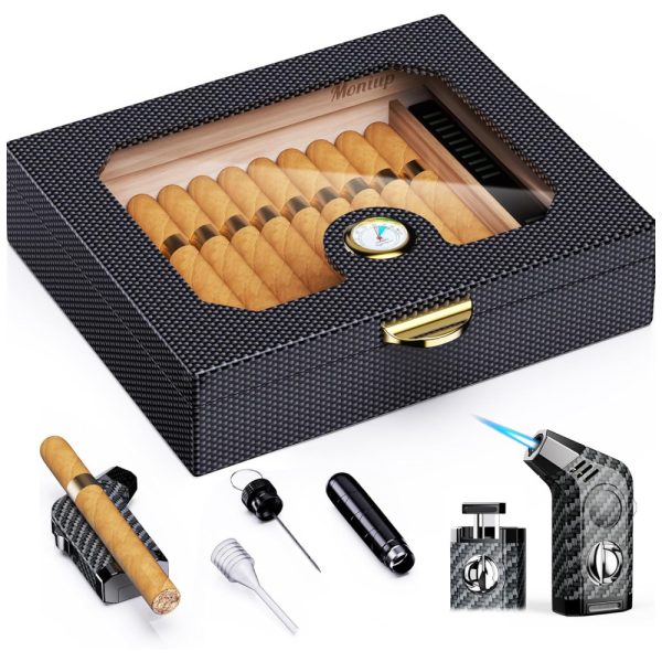 ectqh152sstd0b_0 jpg - Umidor de Charutos Moniup, Revestido com Cedro, com Isqueiro VCut e Ferramenta 2 em 1 para Melhora do Fluxo, Higrômetro, Umidificador, Caixa de Charutos para Armazenar até 30 Charutos