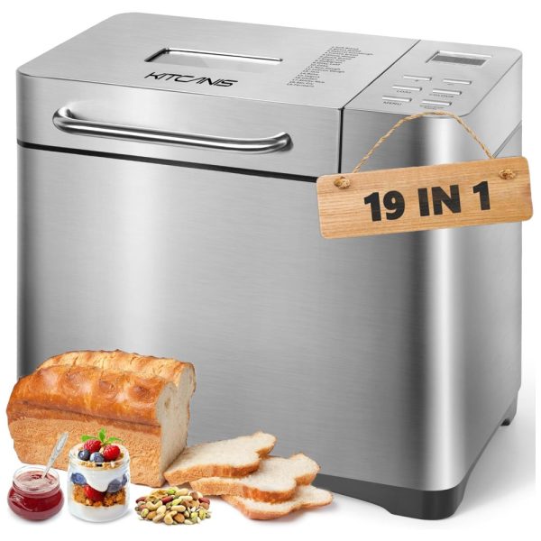 ectqsjzt8hhc0b_0 jpg - Panificadora 19 em 1 em Aço Inoxidável com Dispensador Automático, Panela de Cerâmica Antiaderente e Painel Digital LCD, 720W, Kitcanis, Prata