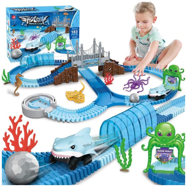 ectqsz1pxx4c0b_0 jpg - Pista de Corrida com 183 Peças, Tema de Oceano, Carro Tubarão Flexível e Dobrável para Crianças Acima de 3 Anos, VATOS, Azul