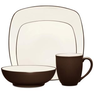 Aparelho de Jantar de Cerâmica Clássica e Durável para o Dia a Dia com 4 Peças Formato Quadrado e Material de Cerâmica Noritake 8046-04P Marrom