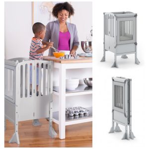 Banco auxiliar infantil dobrável Guidecraft Contemporary Kitchen Helper cinza em madeira ajustável para bancada de cozinha
