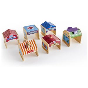 Conjunto de prédios comunitários em madeira Guidecraft Community Buildings com 6 edifícios