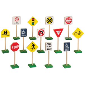 Conjunto de placas de trânsito em madeira Guidecraft 13 peças multicoloridas para brincadeiras com blocos