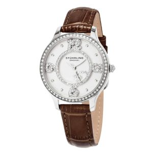 Relógio Stuhrling Moda Chique 760 com Mostrador Prateado Pulseira de Couro Marrom Escuro e Fivela Tang - 36mm de Diâmetro.