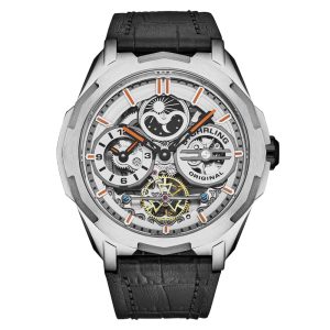 Navegador Dual Time 46mm com Mostrador Prateado e Pulseira Preta - Stuhrling