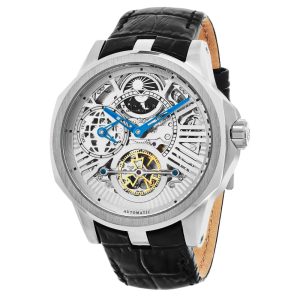 Relógio Reserva Especial 432 Automático com Mostrador Prateado Pulseira de Couro Preta e Fivela Tang - Stuhrling 45mm Prata