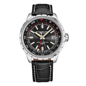 Relógio Global Voyager 1014 GMT 42mm - Preto Azeviche Stuhrling: Cronômetro Mundial e Estilo Sofisticado.