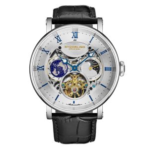 Relógio Automático Dual Time Majestic 47mm com Mostrador Prateado Pulseira Preta e Moldura Prateada da Stuhrling.