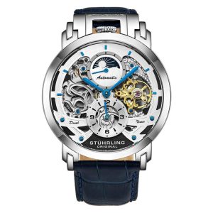 Relgio Automtico Menai 906 Mostrador Prateado 47mm Pulseira de Couro Azul Fivela Tang Prata - Stuhrling