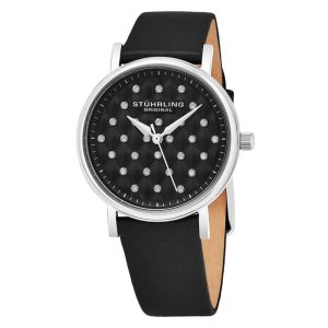Relógio Stuhrling Audrey 799 com pulseira de couro preta e mostrador preto de 32mm - Prata