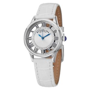 Relógio Winchester 890L 32mm: Elegância clássica em prata com pulseira de couro branco e fivela tang Stuhrling