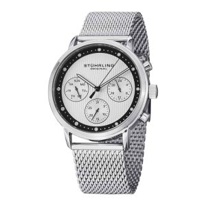 Relógio Stuhrling Obscure Pro 514M 42mm com mostrador preto e pulseira de aço inoxidável prateada.