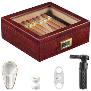 Umidor Flauno com Isqueiro Chama Cortador Cinzeiro Suporte Higrômetro Divisor Cedro Espanhol até 60 Charutos