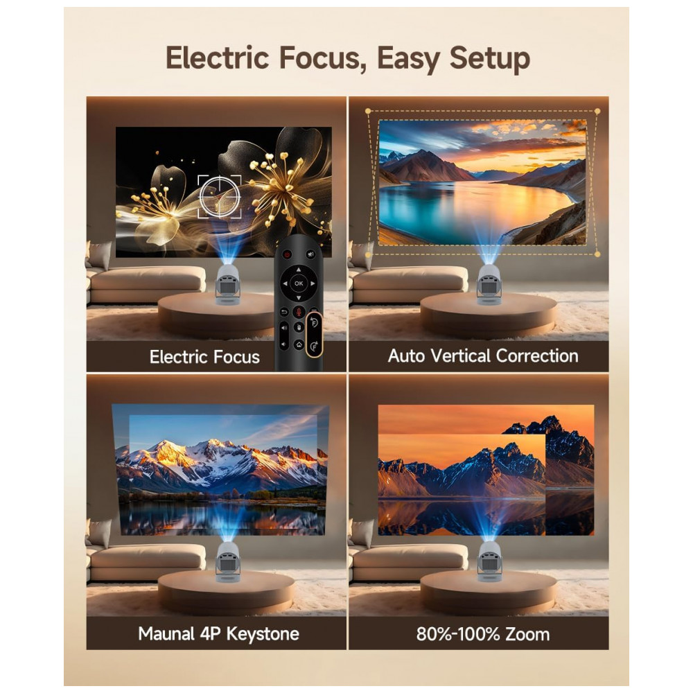 Projetor Mini Electric FocusMagcubic 4K com WiFi 6 e Bluetooth 5.4, Alto-falante de 5W, Rotação de 180°, Portátil para Cinema em Casa, Cor Cinza - Imagem 2