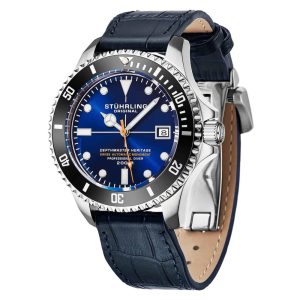 Relogio Automatico Depthmaster Heritage 883HL 42mm Mostrador Azul e Prata Pulseira de Couro Azul Stuhrling.