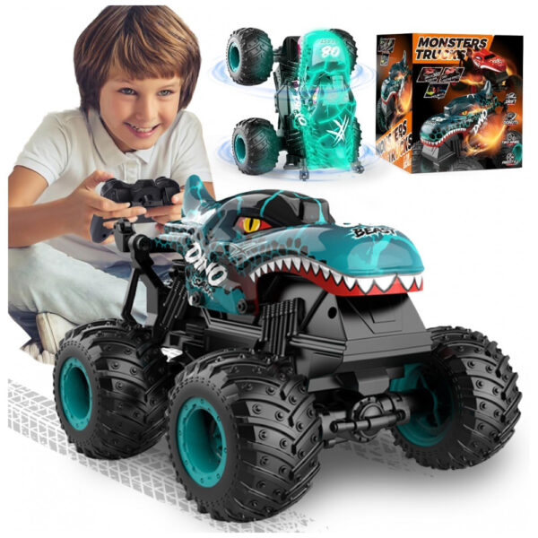Caminhões Monstros para Meninos de 4-7 Anos: Controle Remoto 2.4Ghz, 120 Brinquedos de Dinossauro com Luz e Música, Caminhão RC com Acrobacias, Gohero