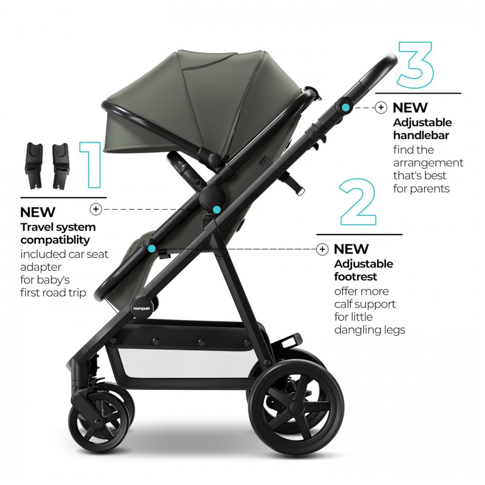 Carrinho de Bebê para Passeio 2 em 1 com Modo Berço Compatível com Assento de Carro Infantil Mompush Verde Escuro - Imagem 2