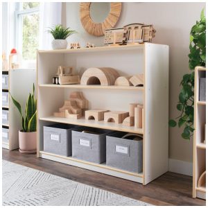 Estante infantil 3 prateleiras Guidecraft EdQ Branca com 3 caixas de tecido em madeira bétula 107cm