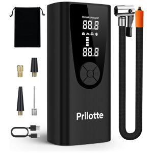 Compressor de Ar Portátil 150 PSI Recarregável com Medidor de Pressão e Luz de Emergência 16V Prilotte Preto