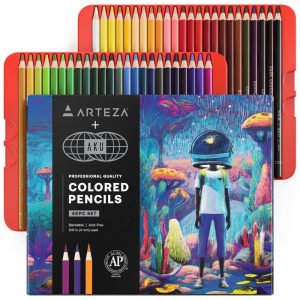 Conjunto de 48 lápis de cor à base de cera ARTEZA AKU World Edition pré-apontados ferramentas de mistura suave em caixa colecionável para artistas