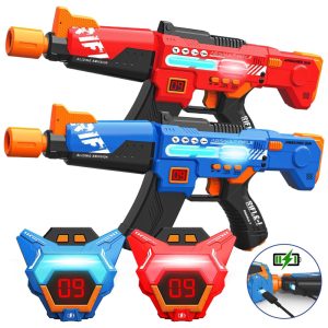 Conjunto de Metralhadora de Brinquedo Recarregável com Laser Tag 2 Armas e 2 Coletes de Exibição de Pontuação em LED Inodoo Azul e Vermelha