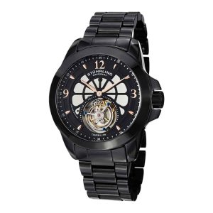 Tourbillon 475 Handwind 47mm Mostrador Preto Pulseira de Cermica Preta Stuhrling Luxo e Preciso em um Relgio de Pulso