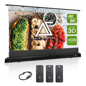 Tela de projeção motorizada floor-rising 102" AKIA SCREENS CineWhite 110V para projetor UST curto e longo alcance