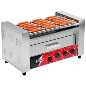 Máquina de Salsicha Hot Dog Grill CROSSON 7 rolos antiaderentes aquecedor de pães comercial inox 304 110V 1350W ideal para cozinhar