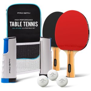 PRO SPIN Kit de Ping Pong com Mesa Portátil 2 Raquetes 3 Bolas e Estojo Compacto Vermelho Preto