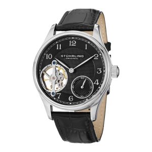 Cubeta Mecânica 492 com Corda Manual de 44mm Pulseira de Couro Preto e Fivela Tang em Prata - Stuhrling.